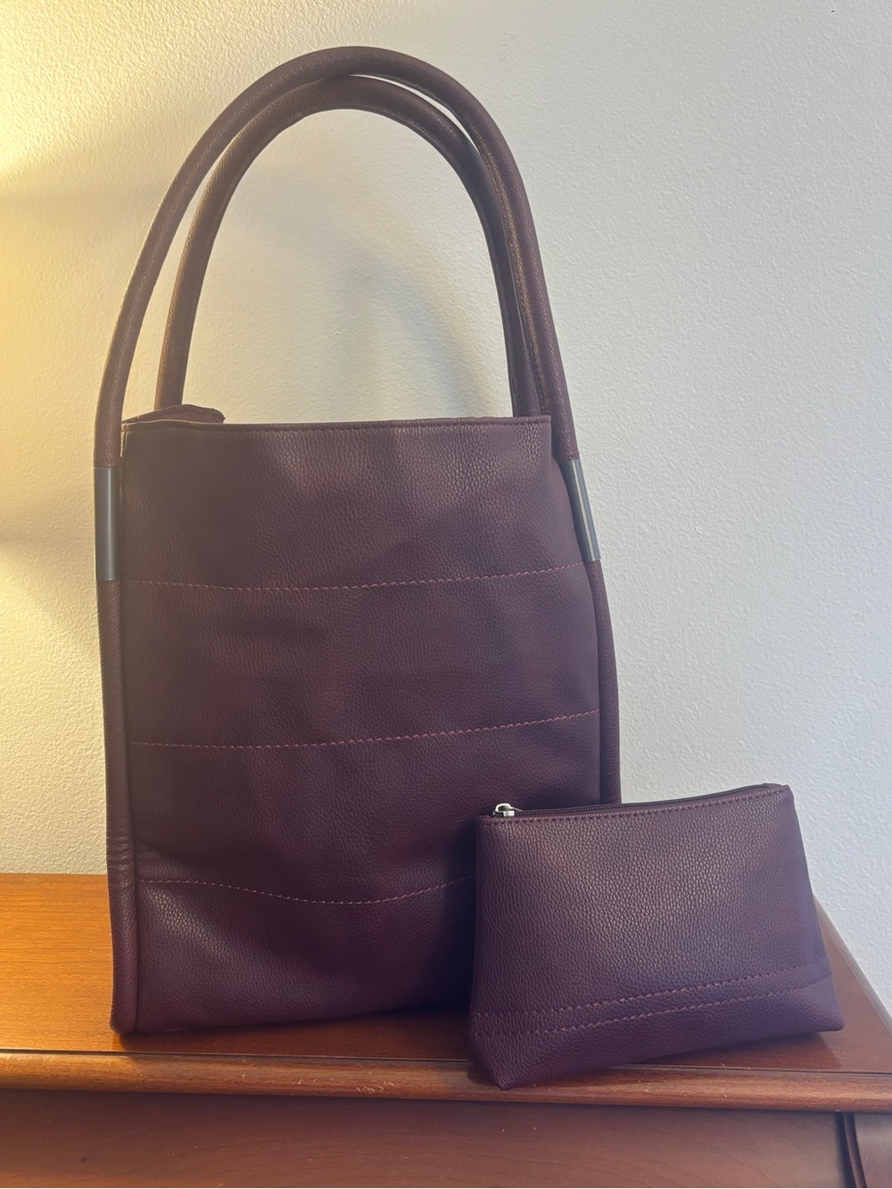 Neiman Marcus Burgundy Faux Leather Quilted Tote Bag & Matching Pouch Set